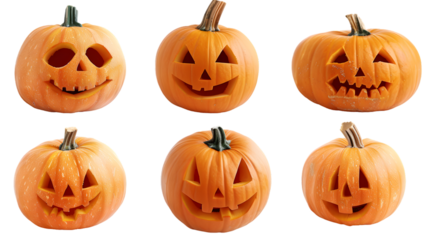 Carved Halloween jack o lantern pumpkin set isolated on transparent background, Halloween pumpkin png	
