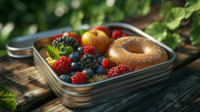3D model of a lunchbox with a variety of breakfast items, including a bagel, cream cheese, and fresh berries