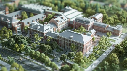 Obraz premium Generate a photo realistic image of a maquette representing an educational institution such as a university campus, research center, or school complex; ensure the image is of high resolution