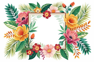 frame with some beautiful flower decoration and green leaves on white background. can be used as wedding invitation card.