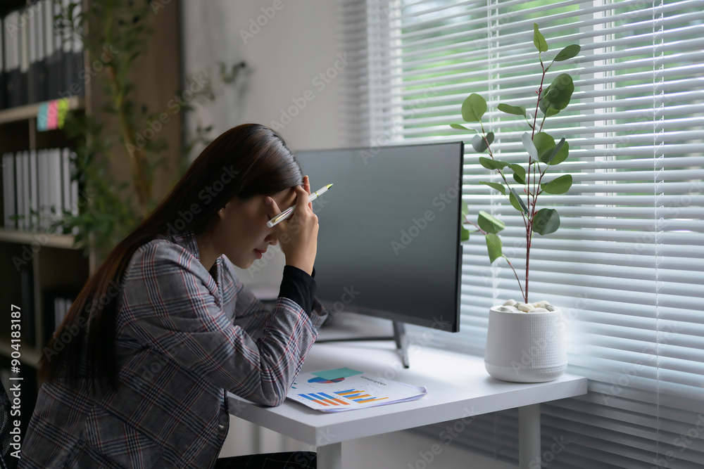 Aufkleber stressed businesswoman working at desk with computer and documents in modern office