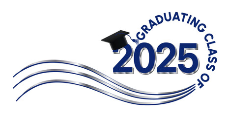 White background - Graduating Class of 2025 in blue and silver text in circle. 2025 is in royal blue text. Graduation cap with blue tassel on top of the year. Wavy silver and blue lines accent.