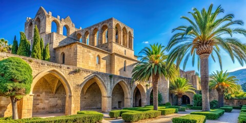 Naklejka premium Historical Bellapais Abbey with stone walls, arches, and palm trees under blue sky on a sunny day