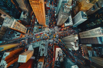 Obraz premium Aerial drone view of New York streets, showcasing urban landscape and architecture.