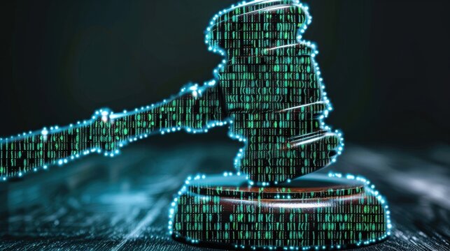 Digital judge's gavel covered in binary code, representing the intersection of AI and legal systems