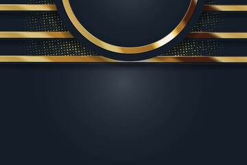 Dark blue background with golden stripes and circular frame.