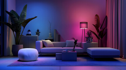 Colorful living room with vibrant lighting and modern furnishings.