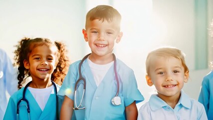 Group of young children wearing doctor coats and stethoscopes, posing in a hospital corridor. 
Group of Children Dressed as Doctors in a Hospital Setting - Powered by Adobe