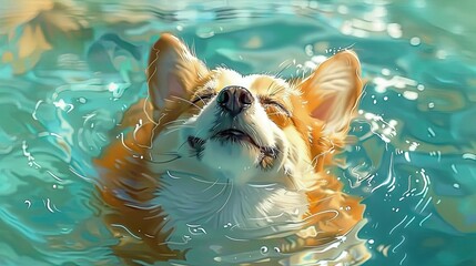 Happy Welsh Corgi dog swimming on water. Picture illustration.