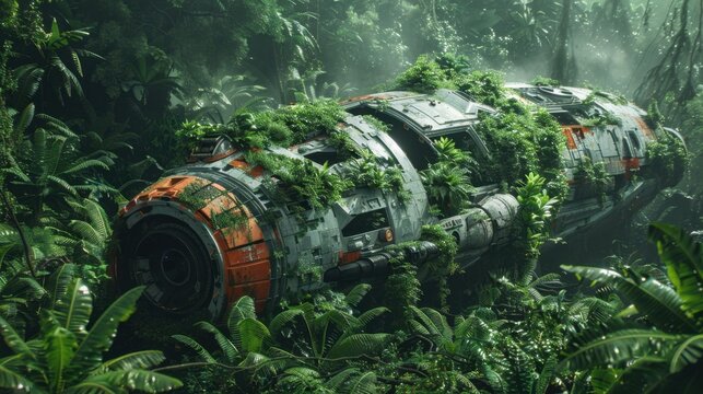 Crashed spaceship overgrown by green plants in a jungle, an extraterrestrial scene