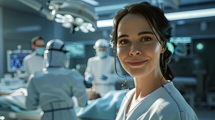 Fototapeta premium A young female surgeon poses smiling inside an operating room.