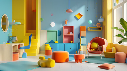 Colorful and modern kids' room with playful decor and bright elements..