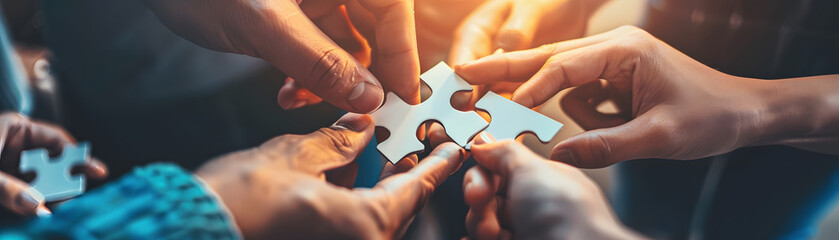 Hands collaborating to assemble puzzle pieces, symbolizing teamwork..