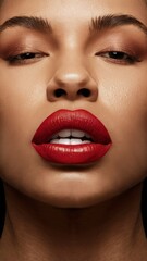 A woman with red lips and a black background, AI