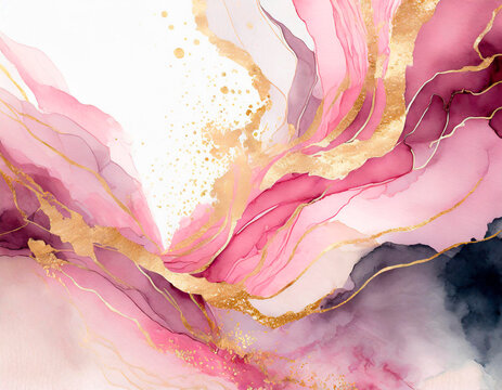 Luxury background with pink ink waves and gold