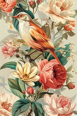 45. Seamless floral design with roses, tulips, orchids, and small birds.