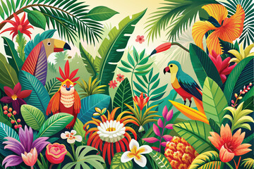 Colorful tropical floral background. Blooming flowers. Can be used as poster, exotic wallpaper. Vector illustration.