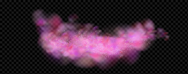 Pink powder dust with glittering shimmering swirls, shiny glitter design. Magical motion, sparkling lines on a black background.