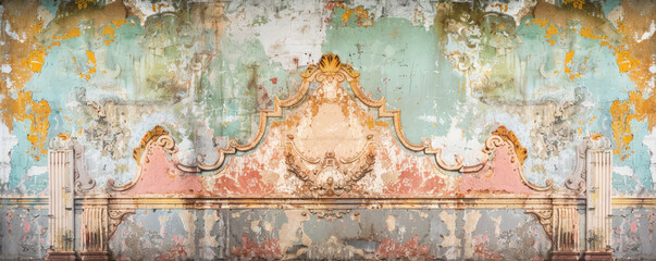 An old stucco wall with a colorful vintage design, featuring soft pastel tones and a warm, nostalgic aesthetic.