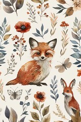 Fototapeta premium 52. Seamless pattern of botanical elements and woodland creatures in a soft, watercolor style