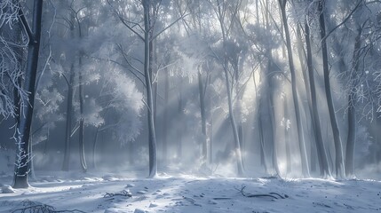 A view of a forest with misty morning light shining through snow covered trees