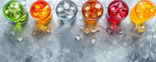 Assorted colorful drinks with ice cubes on a gray surface, viewed from above, with space for text prominently featured in the center.