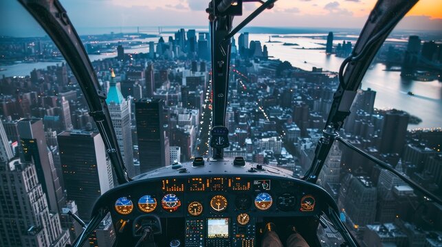 View from inside a helicopter cockpit flying over a city at dusk with illuminated buildings