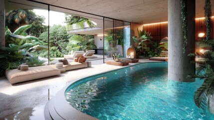 Modern indoor swimming pool area with large windows overlooking a lush garden
