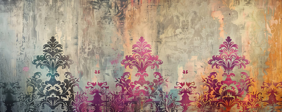 A textured stucco wall with a colorful vintage aesthetic, rich in patterns and faded hues, perfect for creating a classic look.