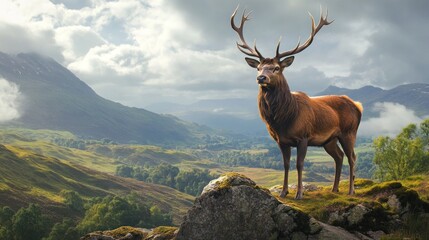 Obraz premium Close up view of a majestic red deer with impressive antlers standing on a hill, a vast and beautiful view of the hills background. Ai generated image