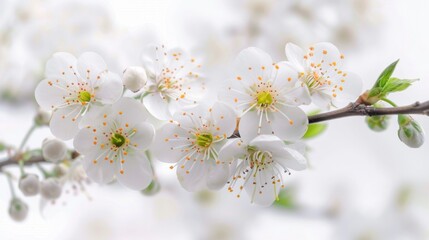 Obraz premium Delicate flowering branch capturing the essence of spring beauty in bloom against a clear, bright background.