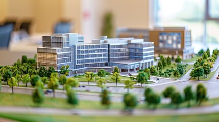 Generate a photo realistic image of a maquette depicting a healthcare campus with hospitals, medical research facilities, and patient care centers; ensure the image is of high resolution for clear