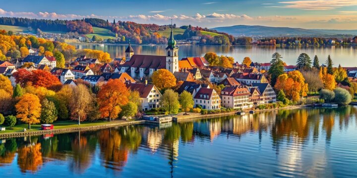 Small town of Markdorf on Lake Constance surrounded by colorful autumn foliage, Markdorf, Bodensee, Germany, fall, autumn