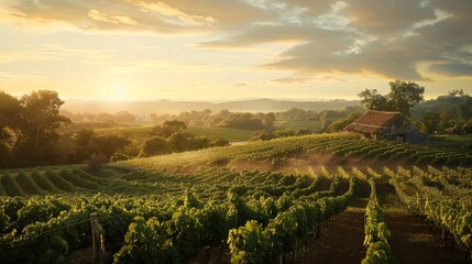 Fototapeta premium Scenic vineyard at sunset with lush green grapevines and a rustic barn in the background