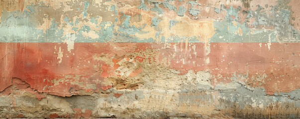 Obraz premium An aged stucco wall with a colorful vintage aesthetic, showcasing delicate textures and a warm, nostalgic feel.