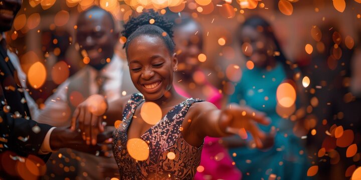 Una donna di colore che balla sorridente e felice. L'atmosfera &egrave; calda e festosa, con luci scintillanti e decorazioni natalizie che aggiungono magia alla scena.