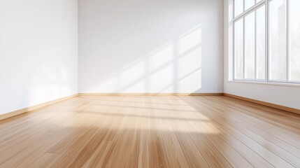 Obraz premium Bright, sunlit interior space with wooden flooring and large windows in a modern setting.