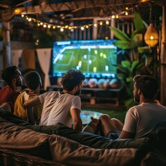 friends looking a soccer game together on the tv screen Job ID: 20975ebd-3d9d-48af-98fd-14d469404b29
