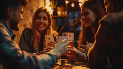 friendship, leisure entertainment concept. happy friends playing cards game drinking beer home evening