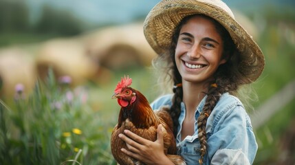 Beautiful teenage farmer holding a chicken and smiling at the camera