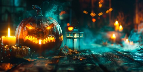 A jack-o-lantern sitting on top of a wooden table next to a lit candle