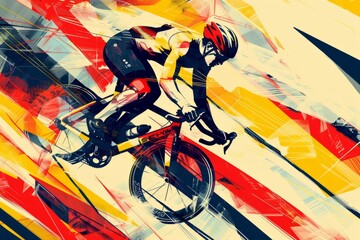 A retro-futuristic graphic design of a cyclist racing, with bold colors and geometric shapes, in the style of Bauhaus-inspired digital art