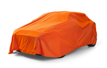 A car is covered by an orange protective tarpaulin, isolated on white background