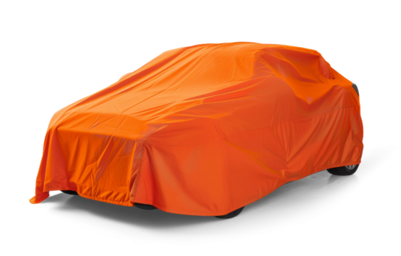 A car is covered by an orange protective tarpaulin, isolated on white background