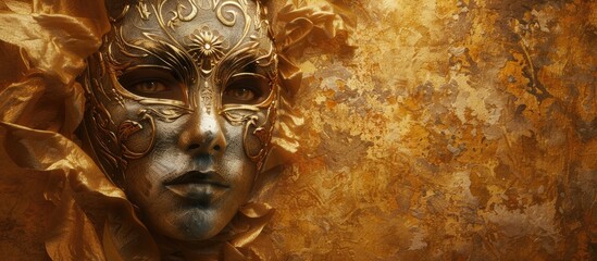 A face mask intricately adorned on a golden surface with a free area for text alongside perfect for a theatrical performance copy space image