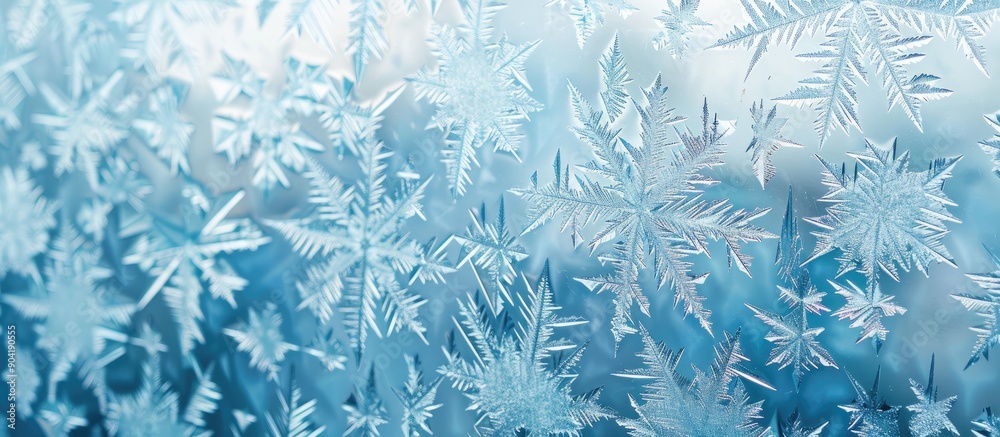 Poster winter window displaying frozen patterns with a blue ice texture suitable as a background image with