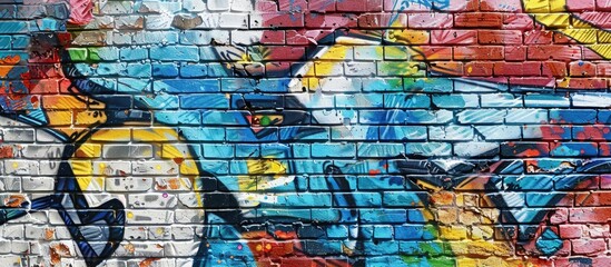 Obraz premium Street art graffiti adorns a brick wall with abstract house paint drawings showcasing the modern urban culture of street youth in this captivating copy space image