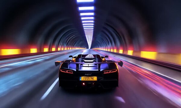The concept of a futuristic sports car running in a tunnel with neon light strips. 3d illustration