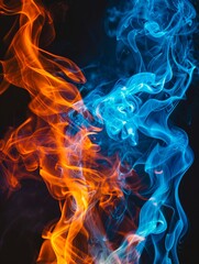 A close up of blue and orange smoke on a black background