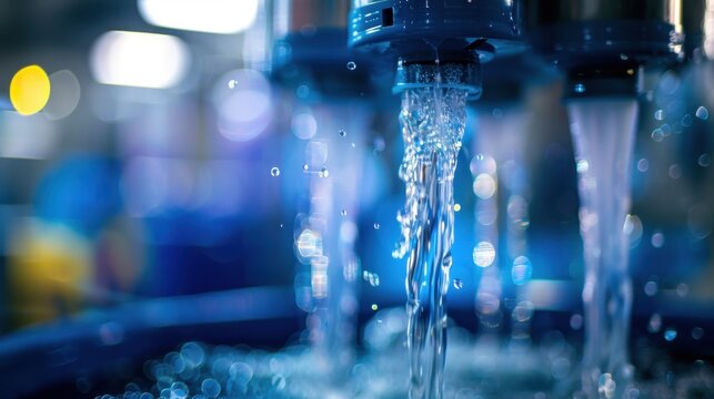 Close-up of a reverse osmosis unit filtering water, highlighting the purification process and pure water output.